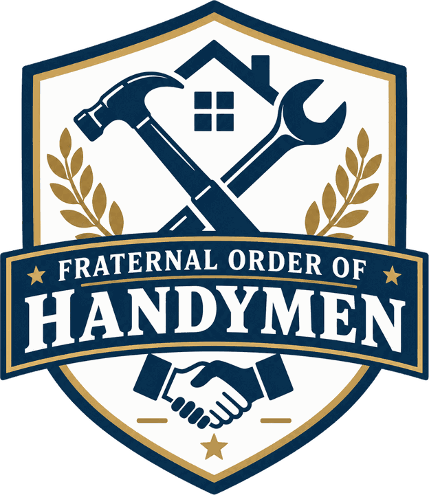 Crest of the Fraternal Order of Handymen: a navy and gold shield bearing a crossed hammer and wrench over a house, framed by laurels above a handshake